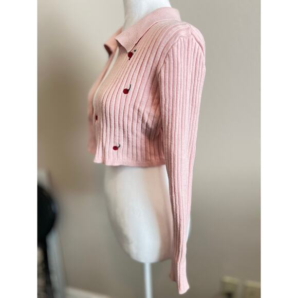 WITTY FOX LONG SLEEVE CROP COLLARED WOMENS GIRLS CARDIGAN SWEATER PINK CHERRIES - Picture 8 of 16